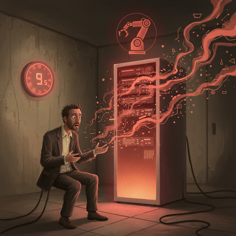 Founder watching data disappear from a server rack as a clock shows 9 seconds