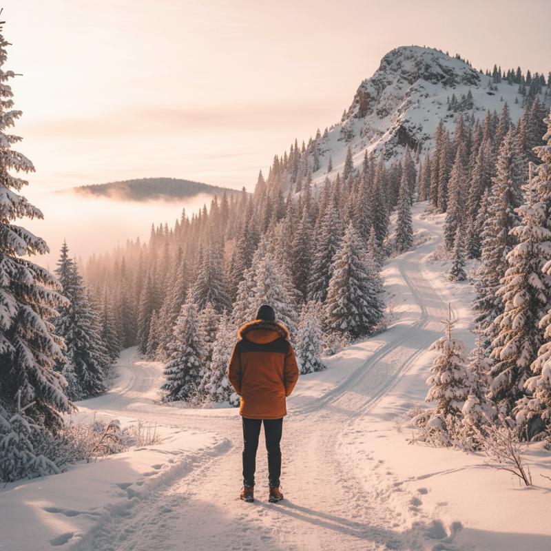 A person standing at a snowy crossroads, looking at two diverging routes ahead