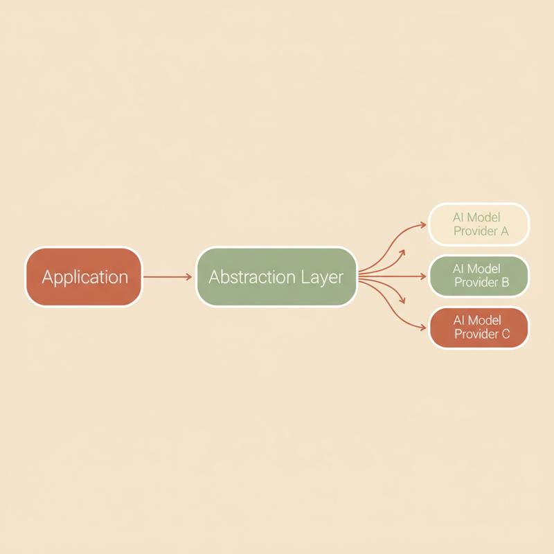 An architecture diagram showing an application talking to one abstraction layer fanning out to several interchangeable AI model providers