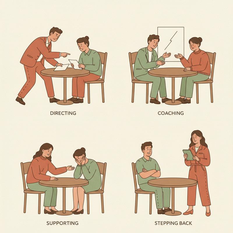 Four panels showing a manager directing, coaching, supporting, and stepping back for different team members