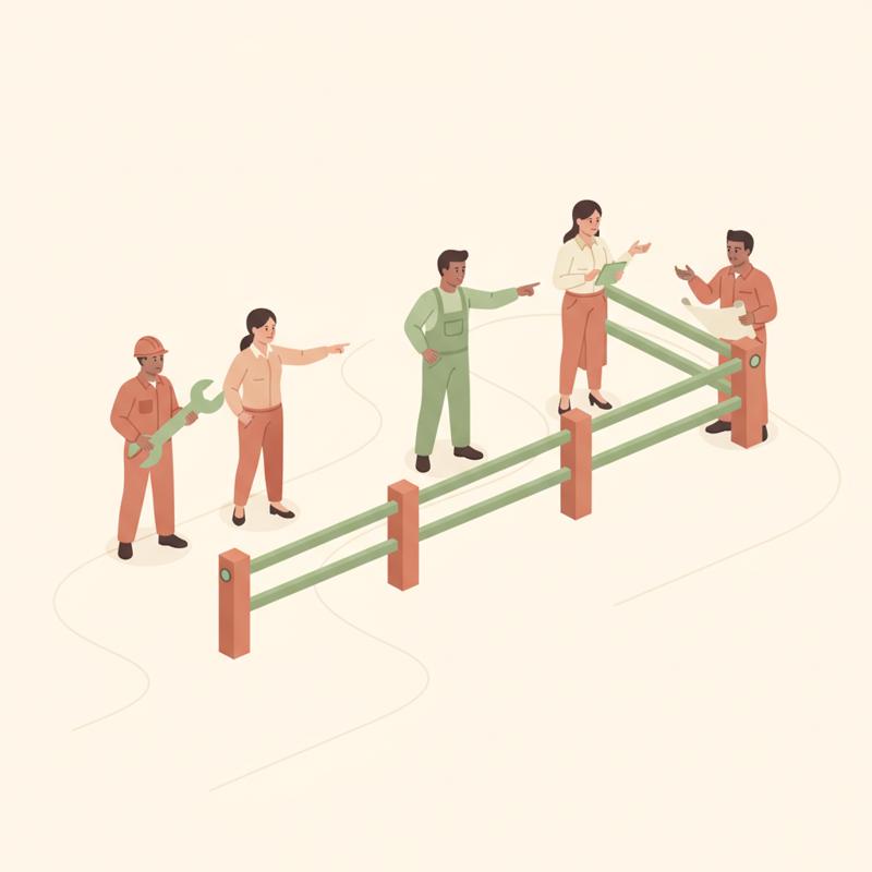 A team of workers in overalls and office clothes gather around a modular guardrail, one holding a wrench while others point and discuss where to move it