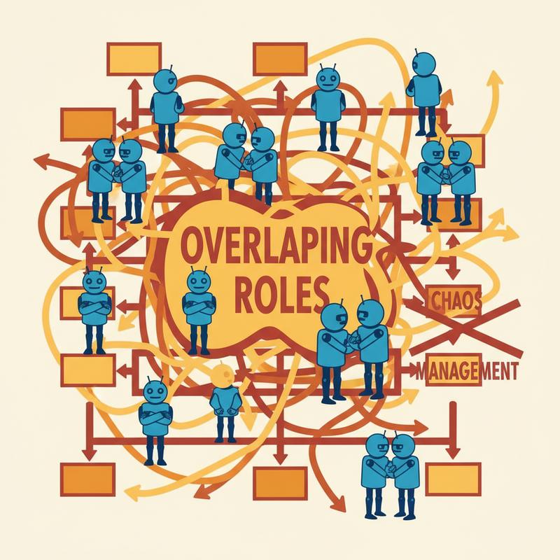 Multiple identical robots spread across a chaotic org chart with overlapping roles and conflicting arrows
