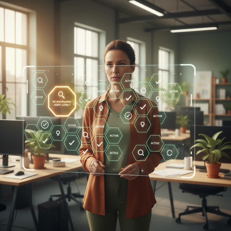 A manager reviewing an AI agent status dashboard, several agents active, one flagged for human review