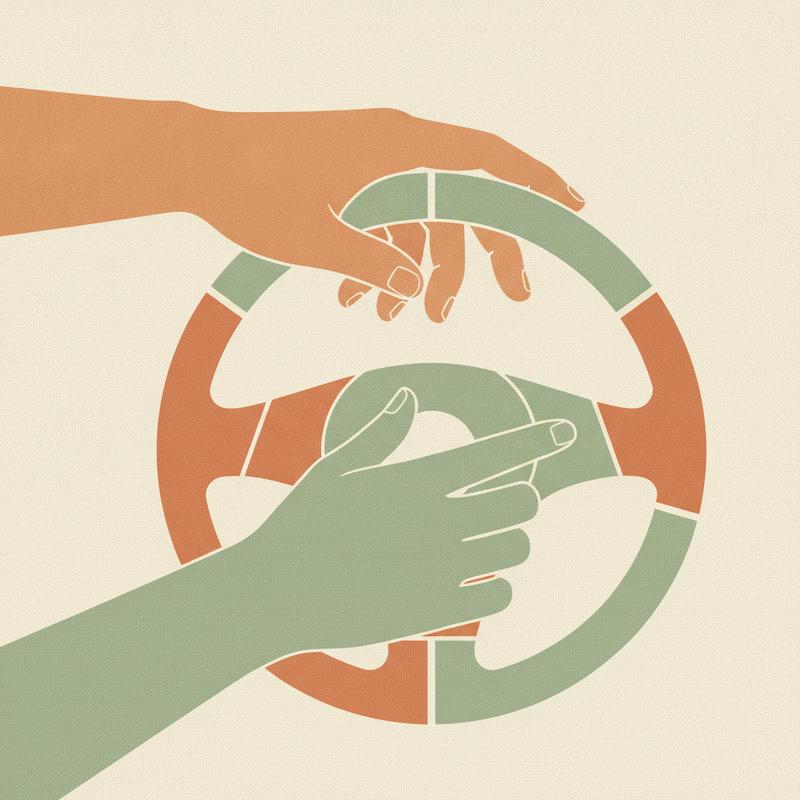 Illustration of a hand releasing a steering wheel to another hand, warm cream and terracotta editorial style