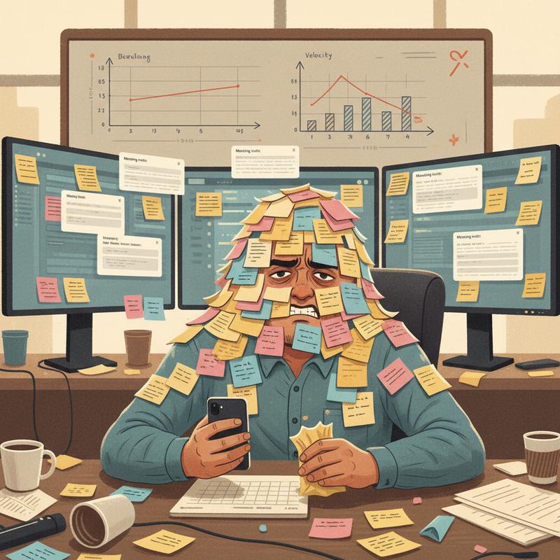 A software engineer buried under sticky notes and Kanban boards, surrounded by meeting invites, with empty sprint burndown charts on the whiteboard behind them