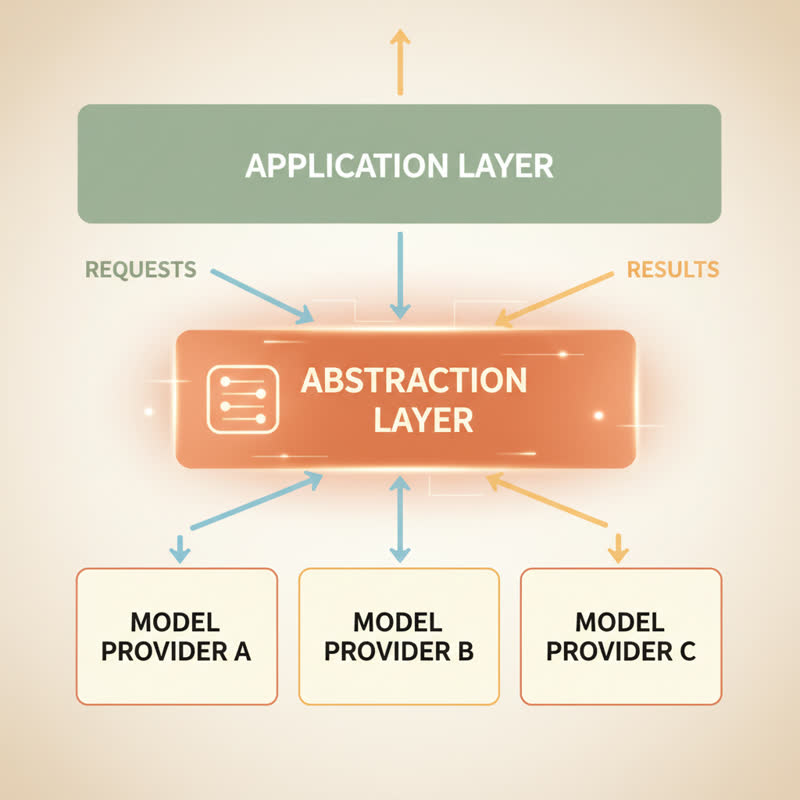 A clean diagram showing Application Layer at top, Abstraction Layer in the middle as the key switchboard, and multiple Model Provider boxes at the bottom