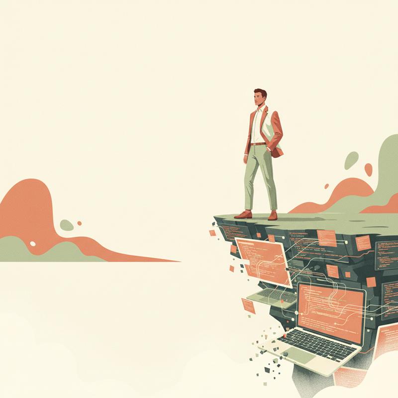 A lone engineer stands on the edge of a cliff made of laptop screens and code crumbling into pixels beneath their feet