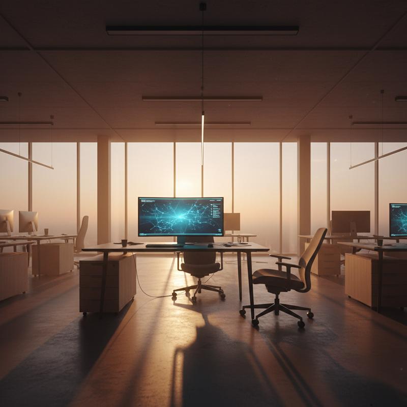 An empty modern office at dusk with a glowing AI terminal, chairs pushed back as if the team left abruptly