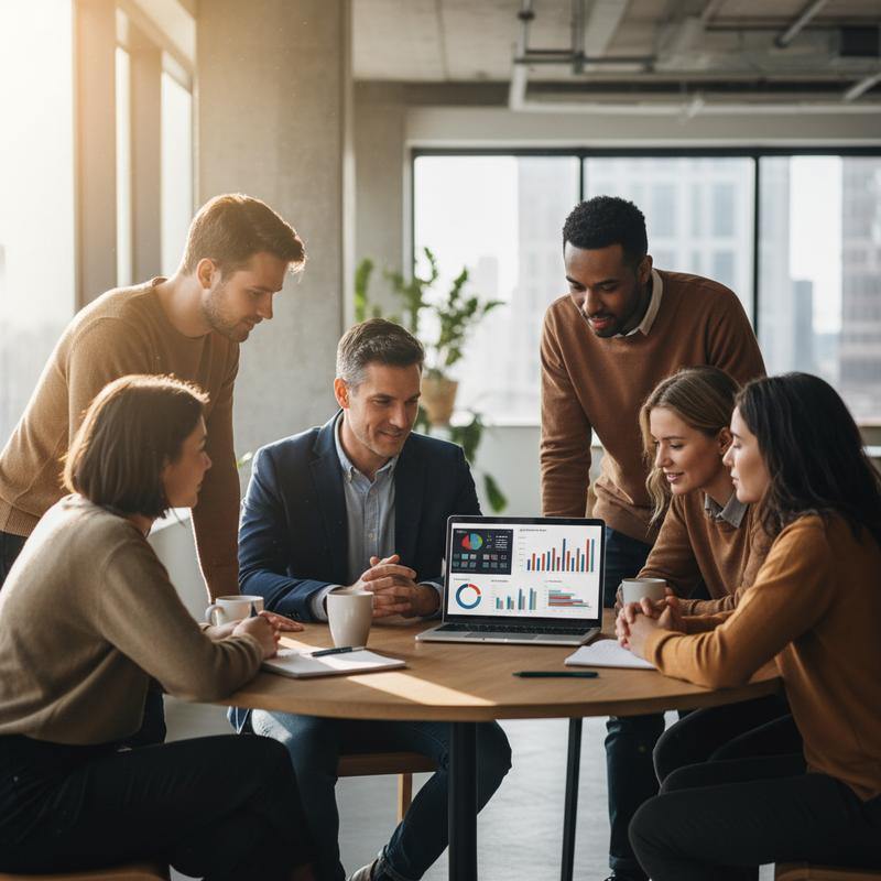 A team gathered around a laptop, leaning in and genuinely engaged with AI-driven data dashboards