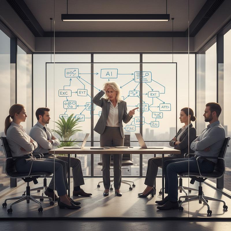 An executive stands at a whiteboard covered in AI workflow diagrams while her team sits with arms crossed