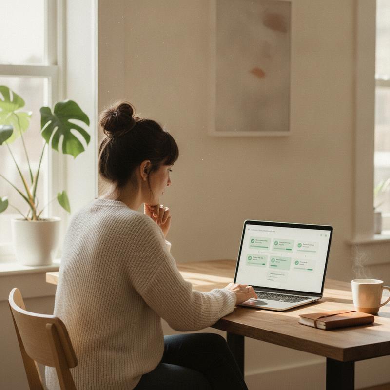 A small business owner reviewing automated workflows on a laptop in a calm home office