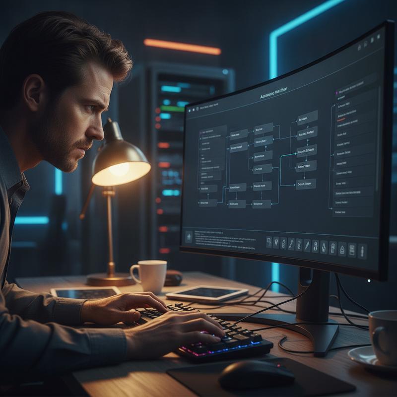 An engineer reviewing automated workflow connections on a large monitor late at night