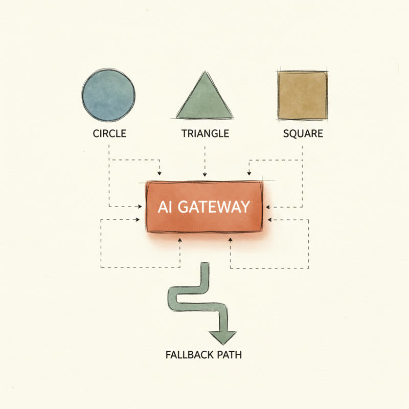 Editorial diagram of an AI gateway routing requests to three models with a sage-green fallback path
