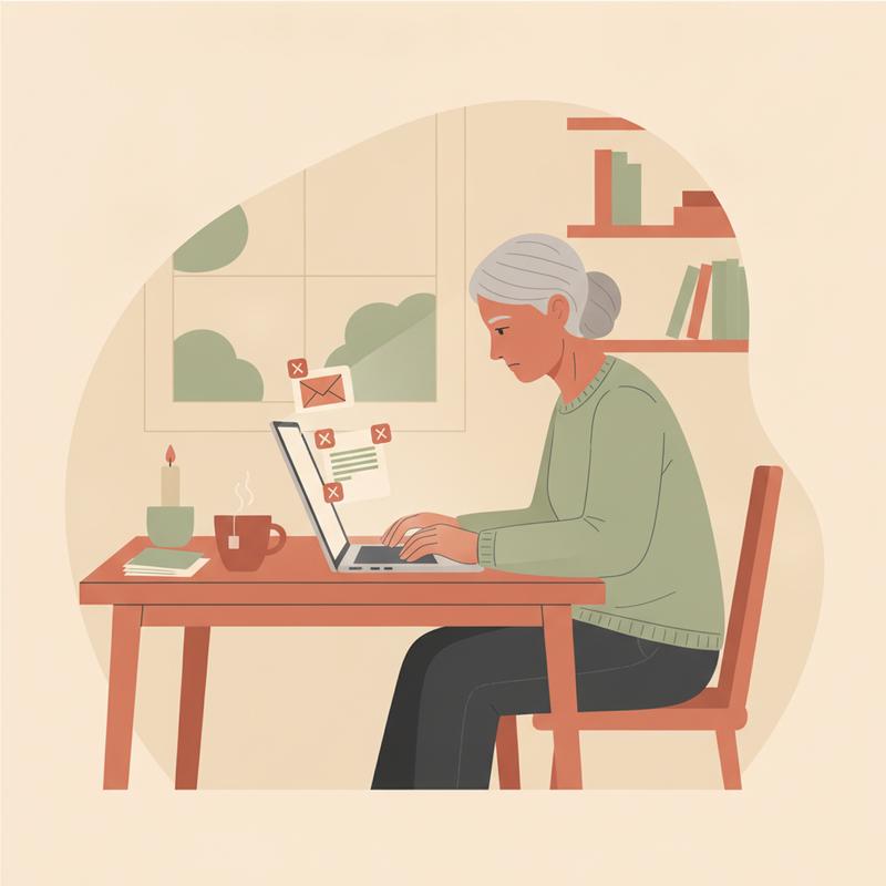 An older job applicant sits at a kitchen table at night reading rejection notices on a laptop