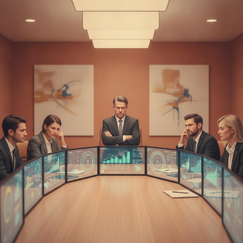 Executives at a boardroom table surrounded by AI dashboards, looking skeptical and disengaged