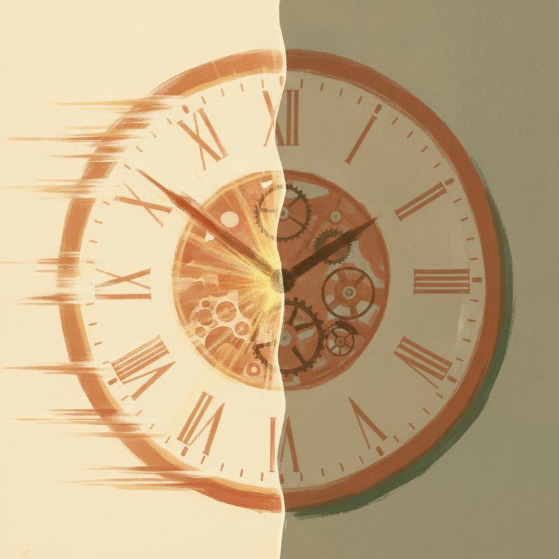 Split image of a clock, one side glowing fast and confident, the other duller and slower