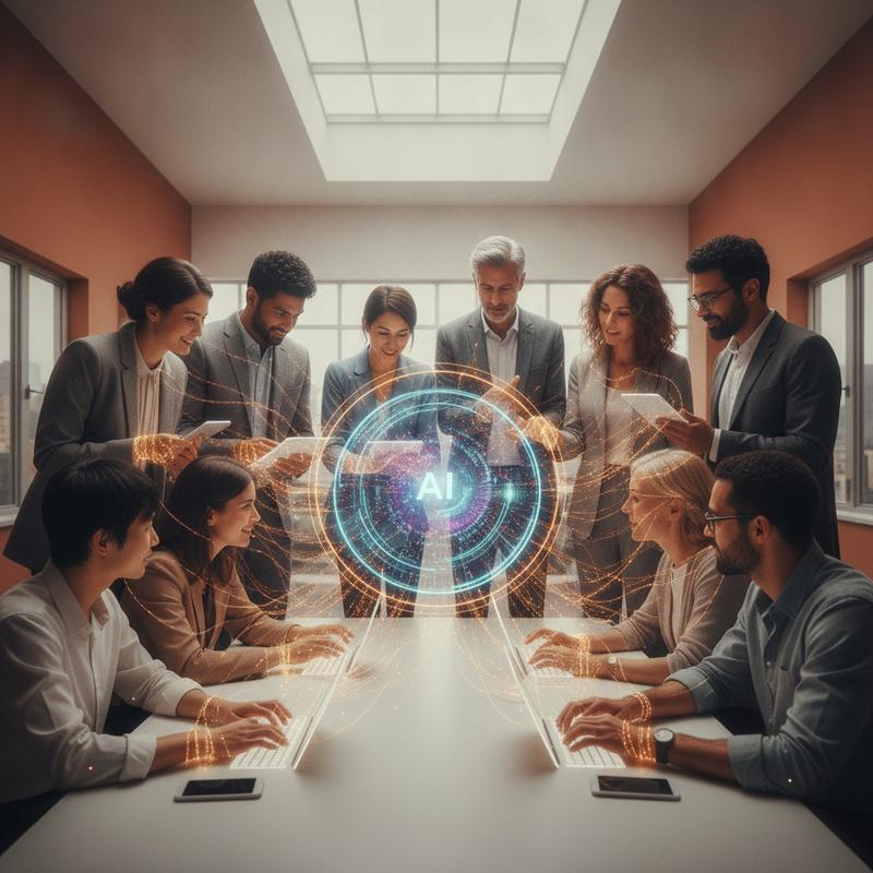 A diverse team collaborating around a central AI interface, engaged and connected