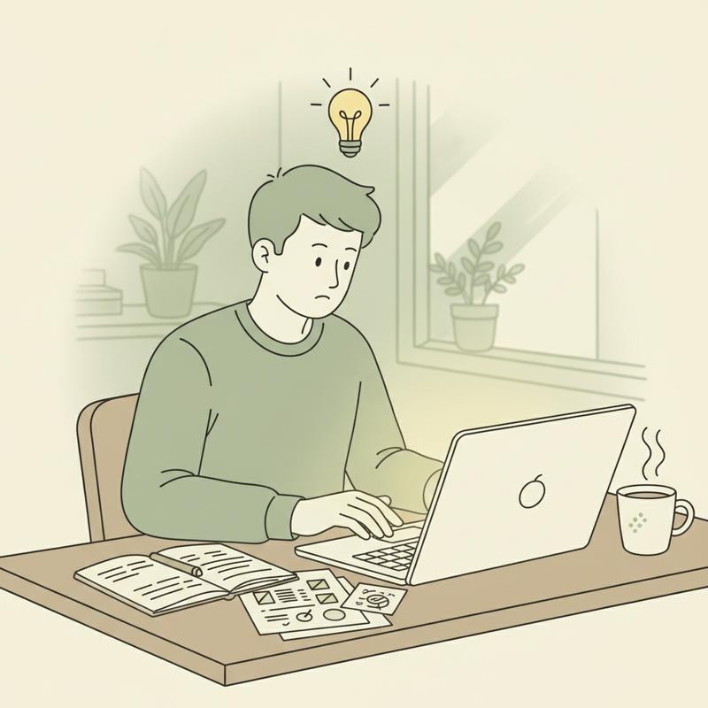 A person learning to use AI tools at their desk, notes spread around, a lightbulb moment