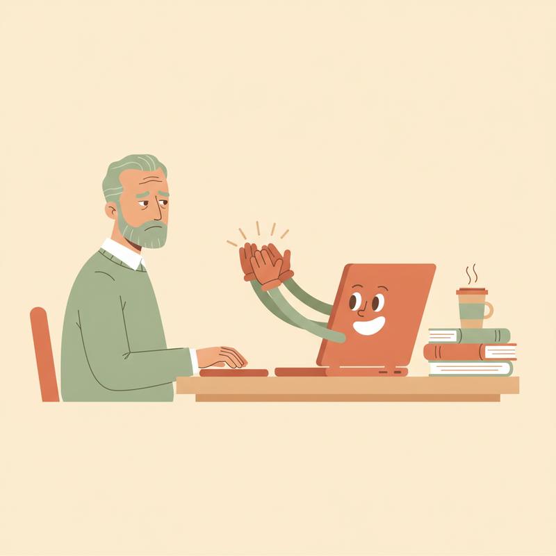 A skeptical writer at a desk while a cheerful laptop applauds everything he types