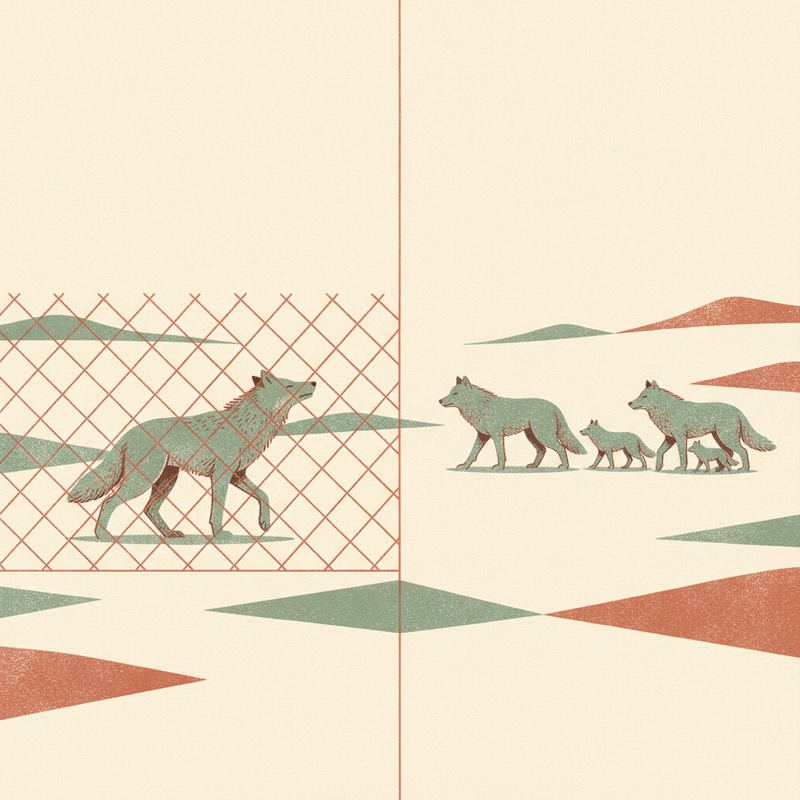 Illustration comparing a lone wolf pacing behind a wire fence with a relaxed wolf family walking together across open tundra