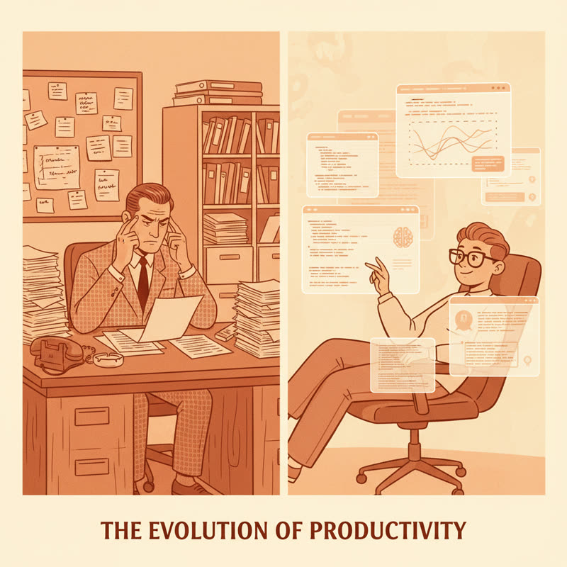 Two sides of the modern workplace: an executive buried in paperwork versus a Gen Z professional working across AI-powered digital interfaces