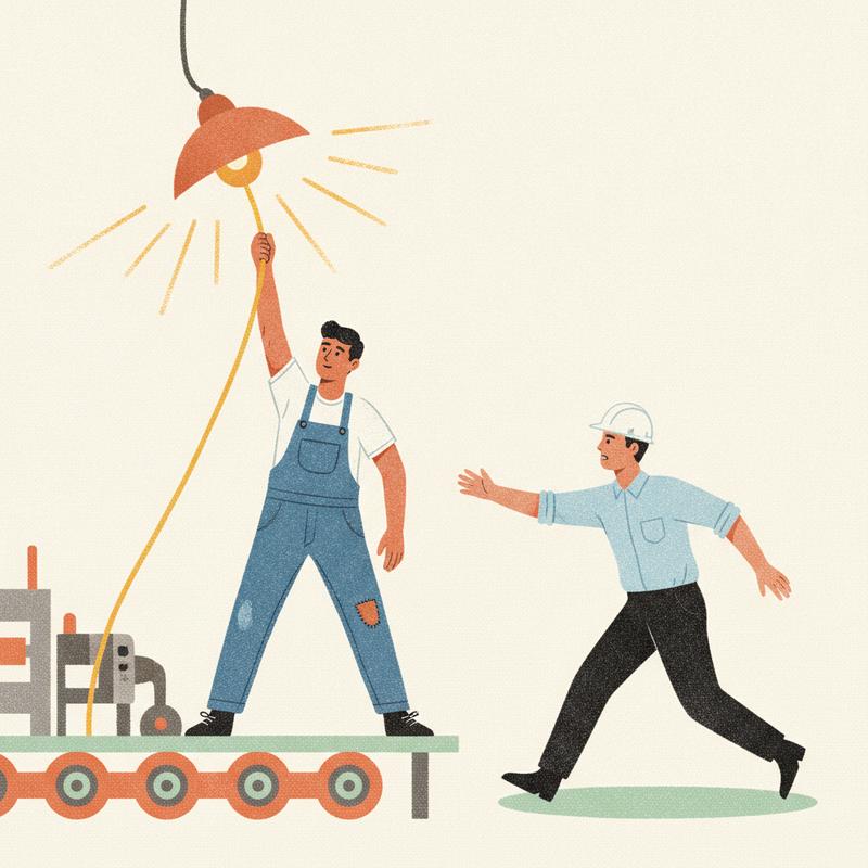 A factory worker pulls an overhead cord, a lamp lights up, and a supervisor runs over to help
