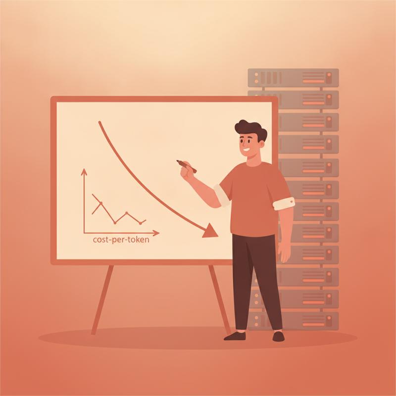 An engineering leader at a whiteboard drawing a cost-per-token curve bending sharply downward
