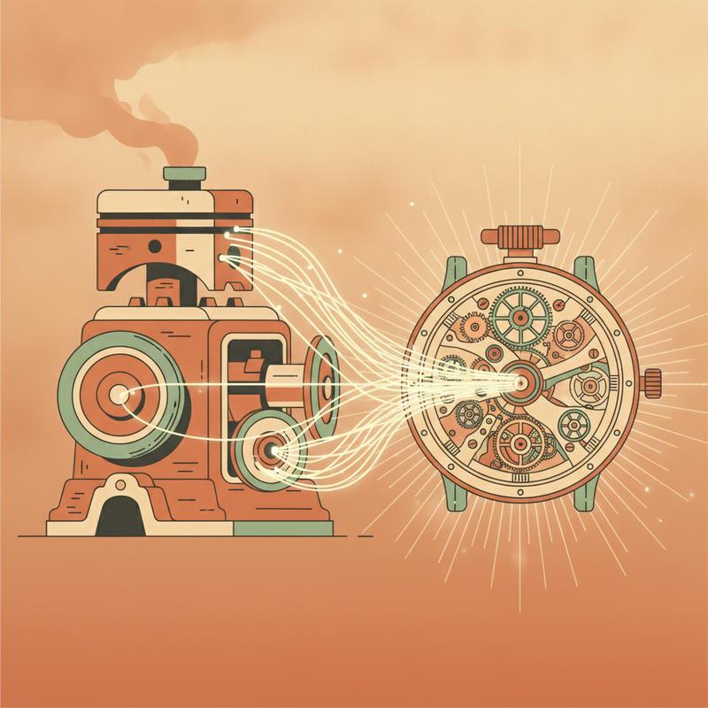 A large brute-force engine dwarfed by a small precision watch mechanism, connected by glowing data threads