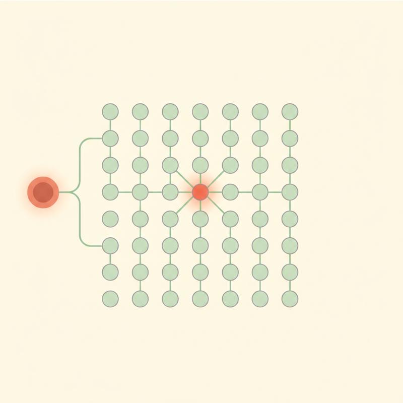 A sparse routing diagram with one token entering and only two of thirty-two expert nodes lit up