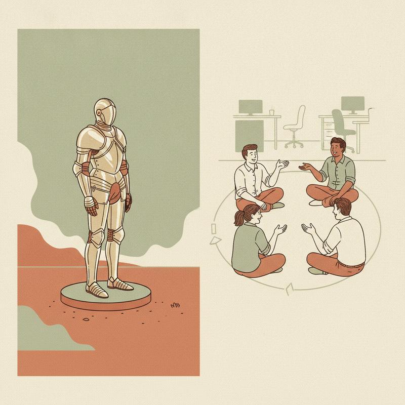 Illustration split in two, on the left a lone figure in polished armour standing on a small pedestal, on the right the same figure sitting in a circle with four colleagues