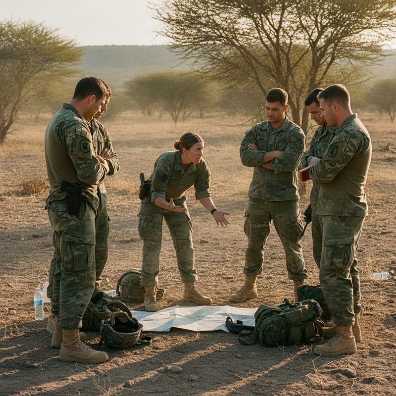 A small group of soldiers sitting in a debrief circle outdoors after training, late afternoon light