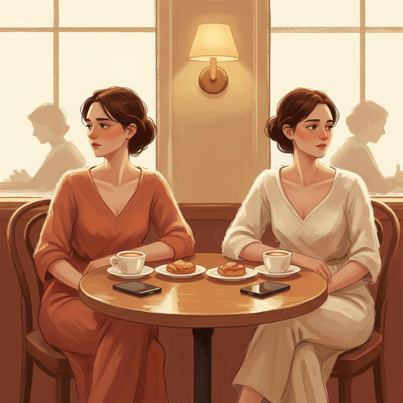 Two people at a cafe table with phones face-down, sitting in awkward silence