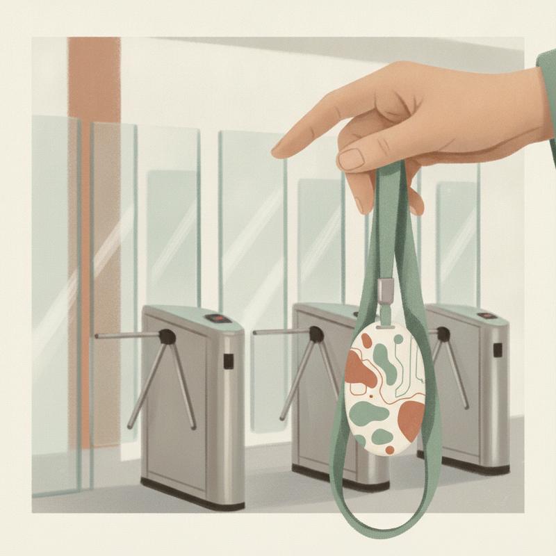 A hand holding an office security badge on a lanyard in front of a blurred glass lobby turnstile