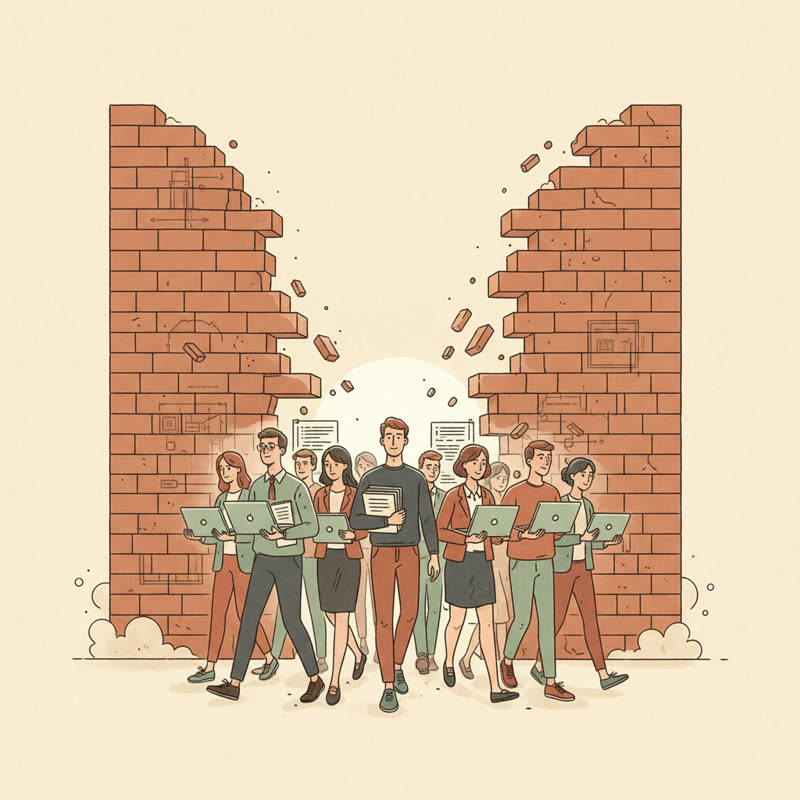 Brick wall partially collapsed with people walking through carrying laptops