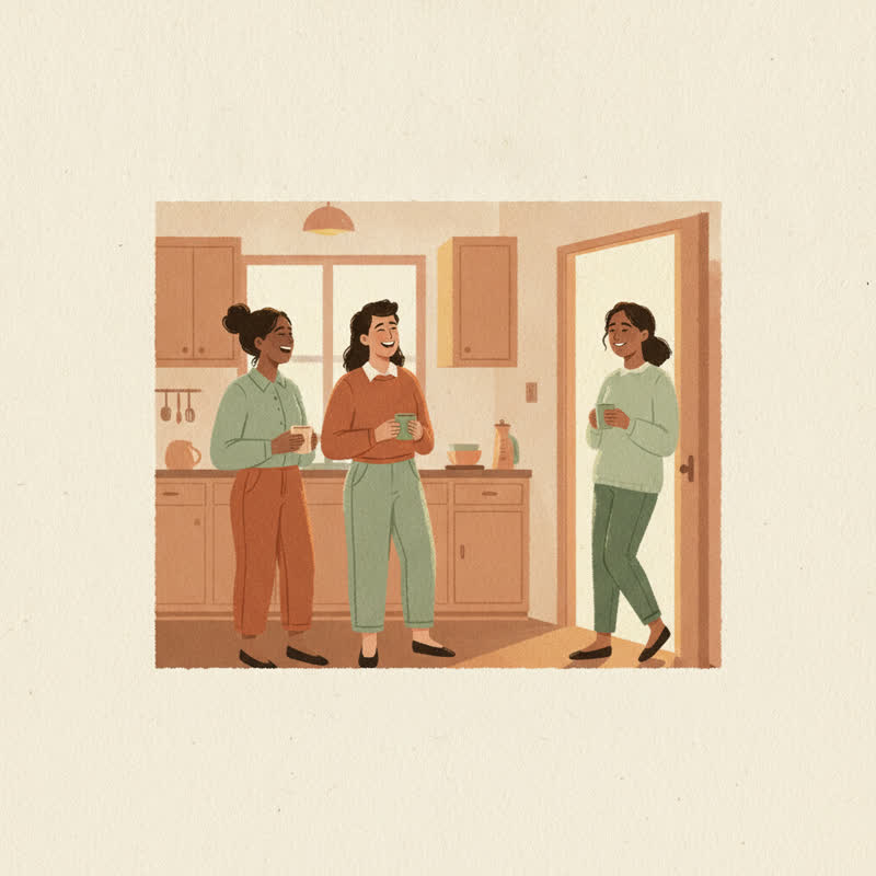Illustration of three colleagues laughing in an office kitchen while a fourth person pauses in the doorway holding a mug