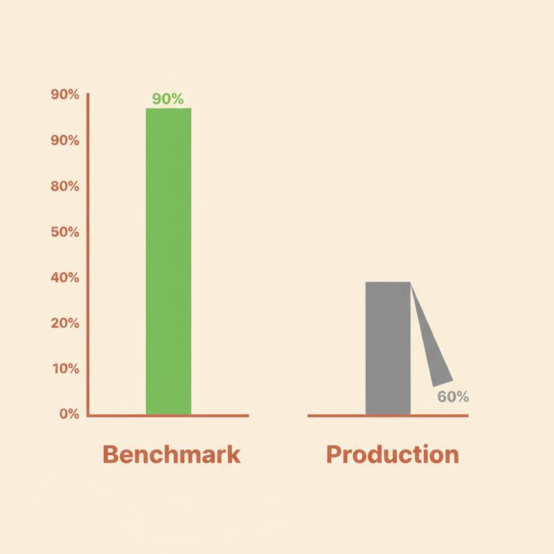 A bar chart showing AI scoring 90% on benchmarks versus under 60% in production