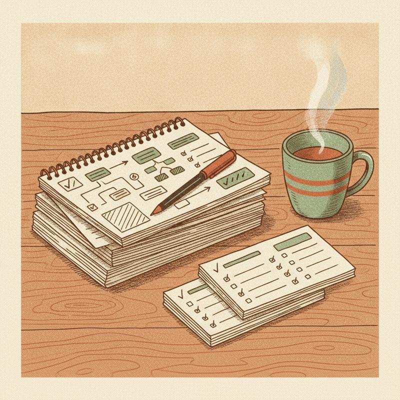 A stack of open notebooks and index cards on a desk, each page holding sketched diagrams and tick marks