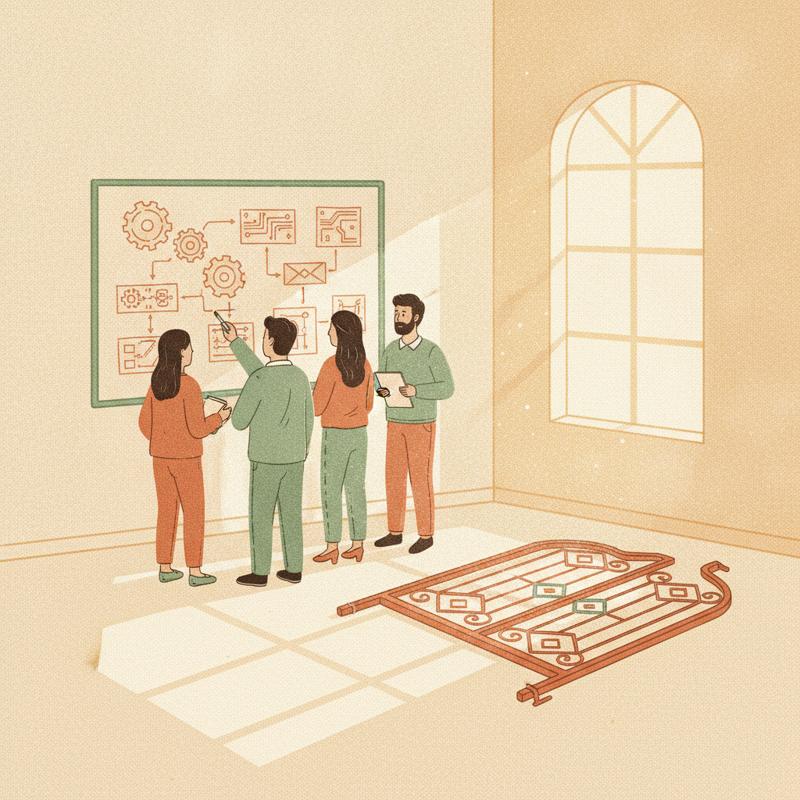 A small engineering team at a whiteboard covered in diagrams, a gate lying flat on the floor beside them