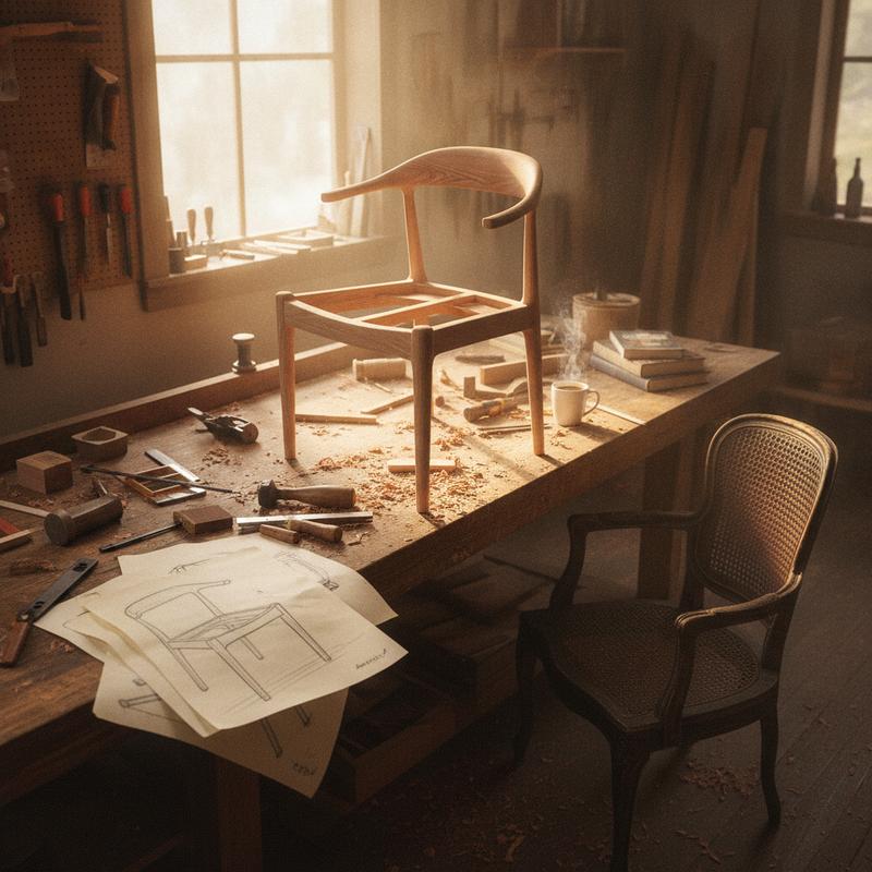 A woodworker's bench in warm afternoon light with a half-built chair, pencil sketches and a worn vintage cane chair sitting beside it for reference