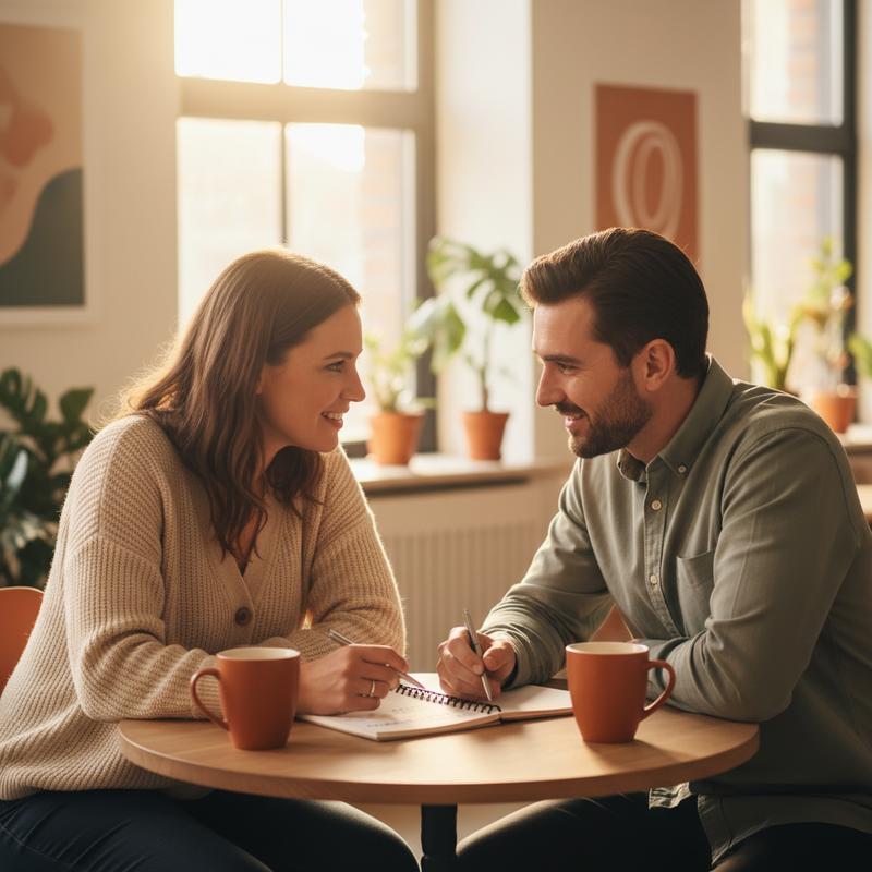 A manager and employee in a genuine one-on-one meeting, leaning forward in open conversation with feedback notes visible