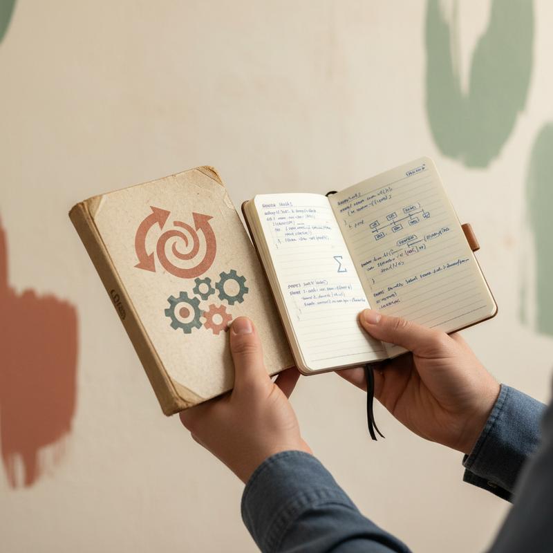 A pair of hands holding both a worn paperback book and a small notebook full of code snippets, in warm cream and terracotta tones