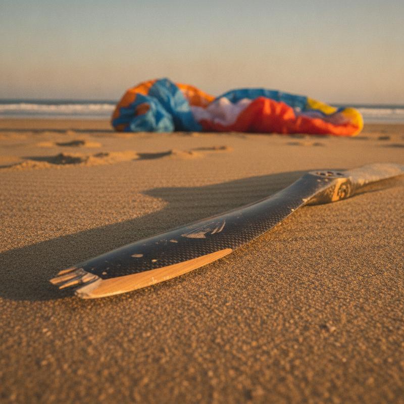 A paramotor propeller with a broken tip lying on a sunny beach, with a crumpled paraglider wing in the background