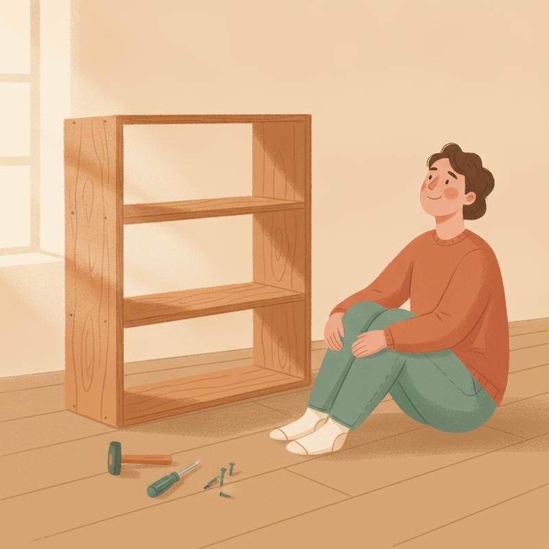A person sitting back on their heels looking proudly at a half-built flat-pack shelf