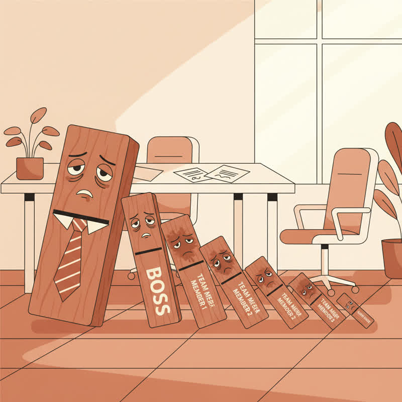 Dominoes falling in an office, each with a tired face, the first wearing a tie