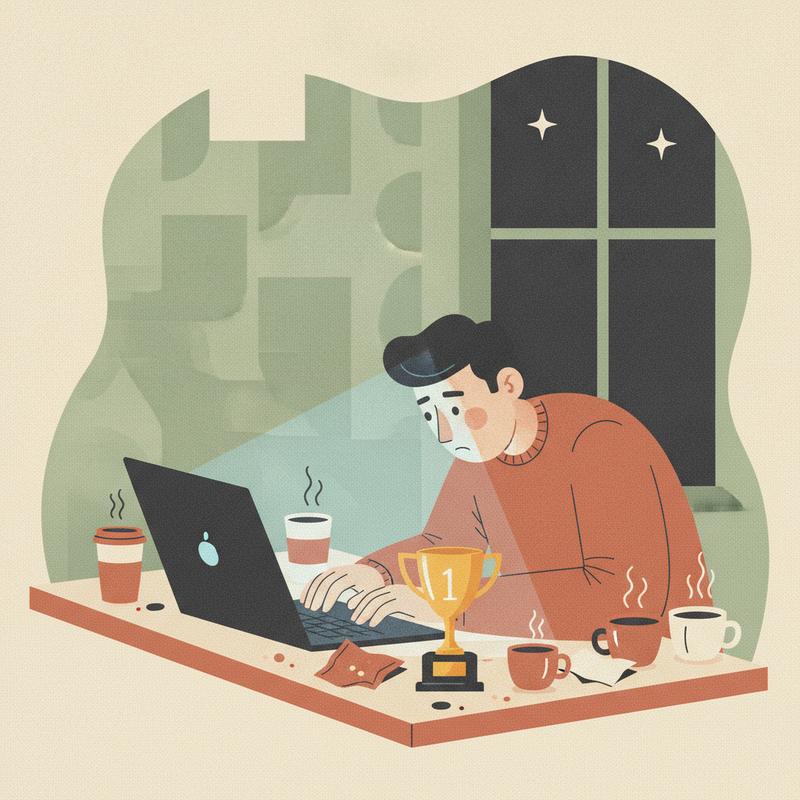 A tired software engineer slumped at a desk late at night, face lit by a laptop screen, a small gold trophy sitting among the coffee cups