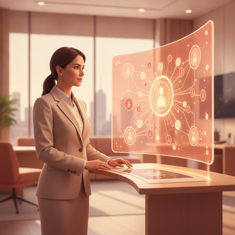 A business leader at a glowing AI dashboard showing agent networks in a modern office