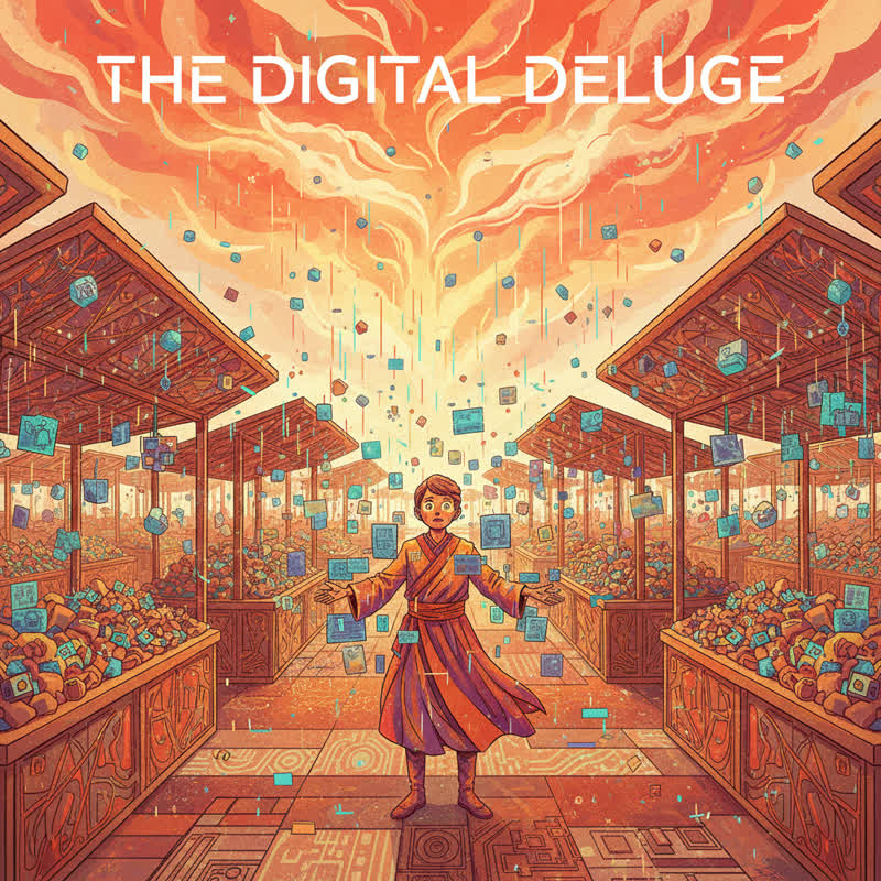 A chaotic digital marketplace flooded with identical products raining down from the sky