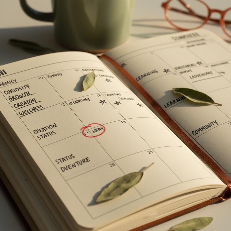 A planner notebook open to a weekly view with handwritten value tags in the margins and one block circled in red ink
