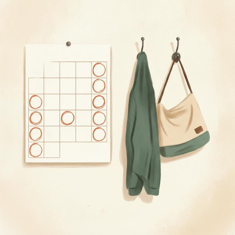 A wall calendar with evenings circled in terracotta ink beside a coat and bag on hooks