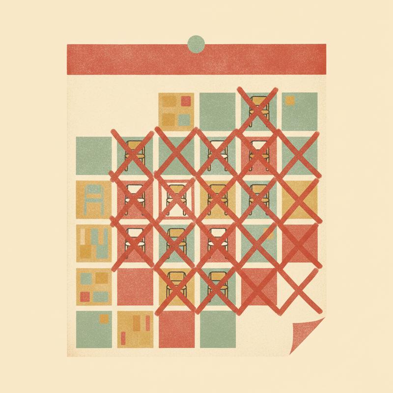 A wall calendar where every small block showing two chairs has been crossed out in red, week after week